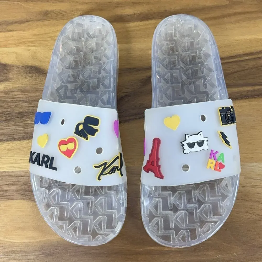 Karl Lagerfeld Paris Thea Clear Translucent Pool Slides Women's Size 9 Charms